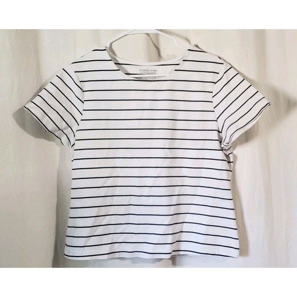 Adrienne Vittadini Women's XL Striped Short Sleeve Top White Black Crew Neck